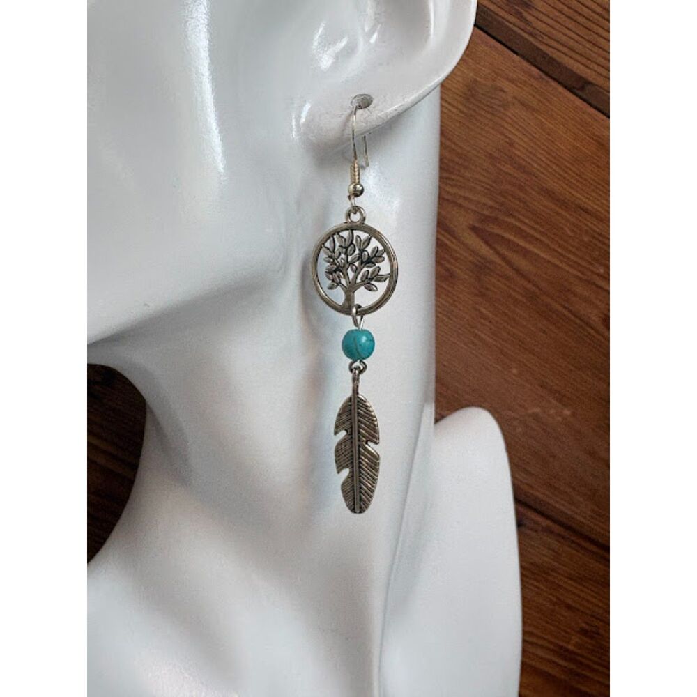 s925 Sterling Silver Tree of Life W/ Faux Turquoise Feather Earrings